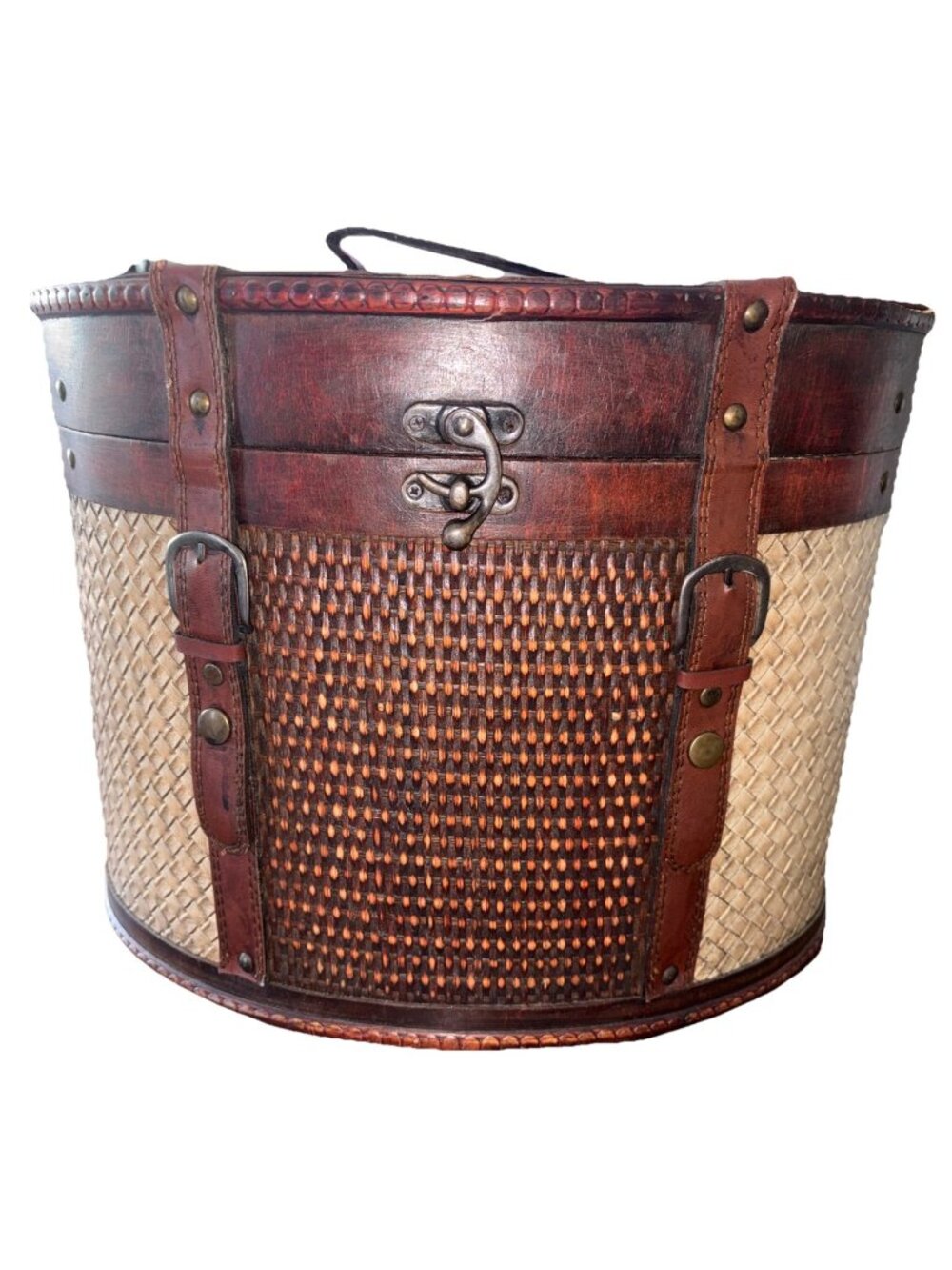 VTG. Antique Leather & Rattan Wood Storage Box Or Basket Travel Hat Box 12w x 15
